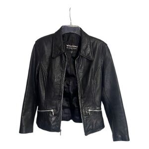 Wilsons Black Full Grain Leather Moto Fitted Jacket Zip Close 2 front Pockets XS